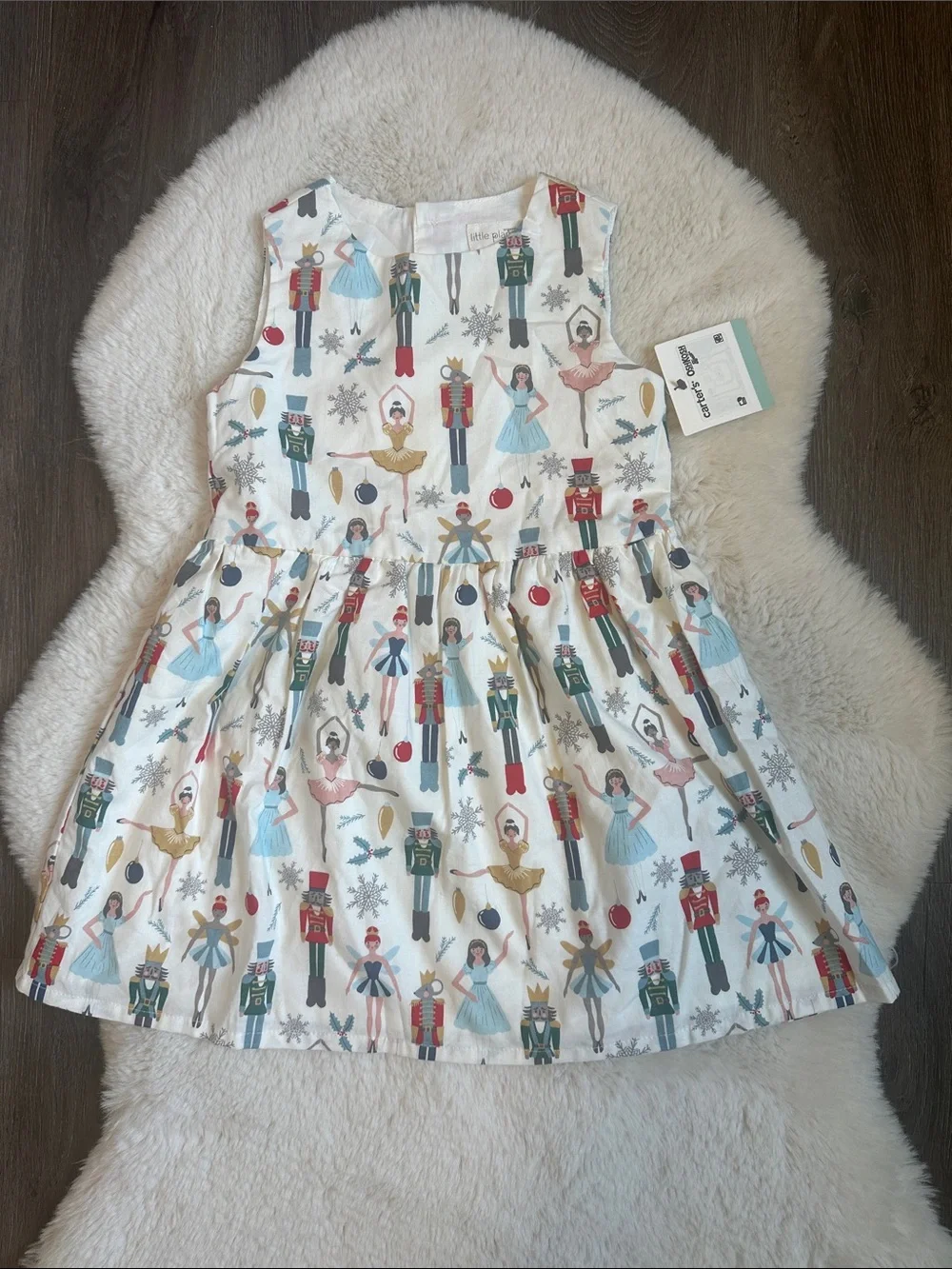 Holiday Nutcracker Print Girls Dress - White with Red, Blue, Gold 4T